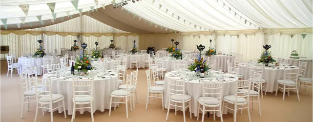 A beautifully decorated wedding tent, showcasing venues available on an Asian wedding directory.