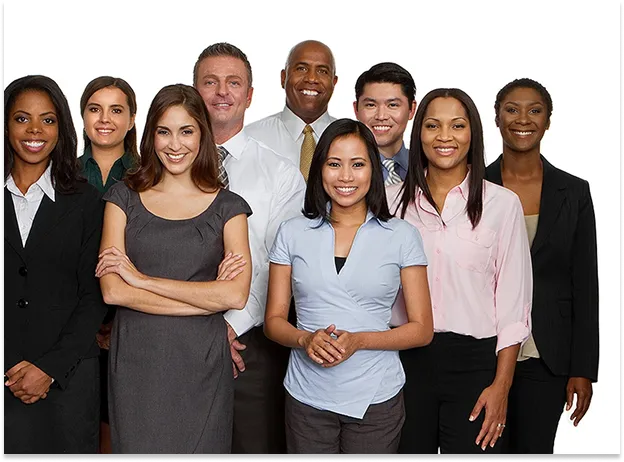  A diverse group of smiling business professionals stands together.